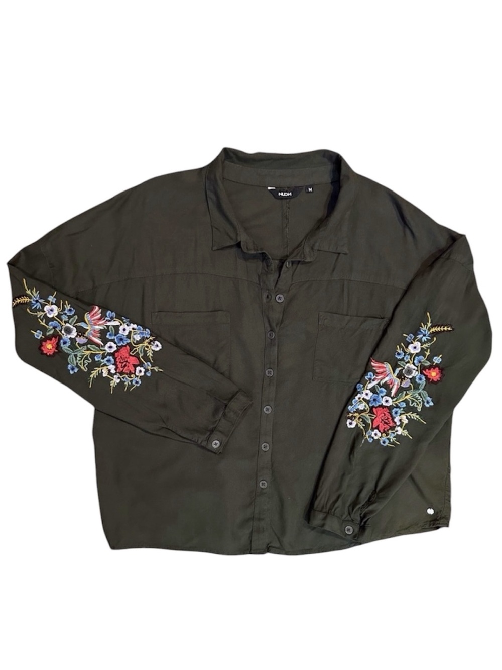 Urban Outfitters Nuon Olive Khaki Boho Embroidered Sleeve Button Up Blouse